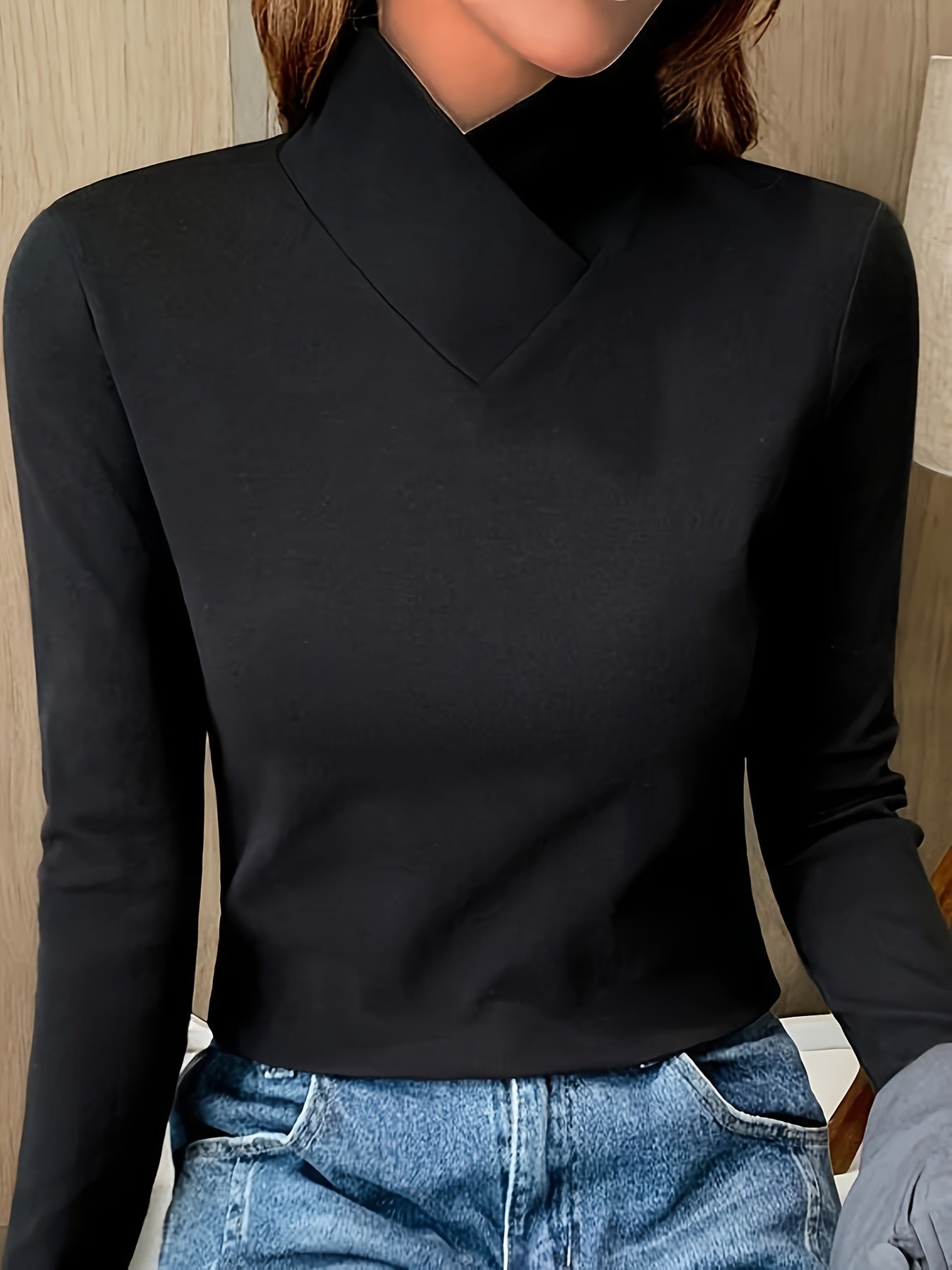 Solid Mock Neck T-Shirt, Casual Long Sleeve Top For Fall & Winter, Women's Clothing