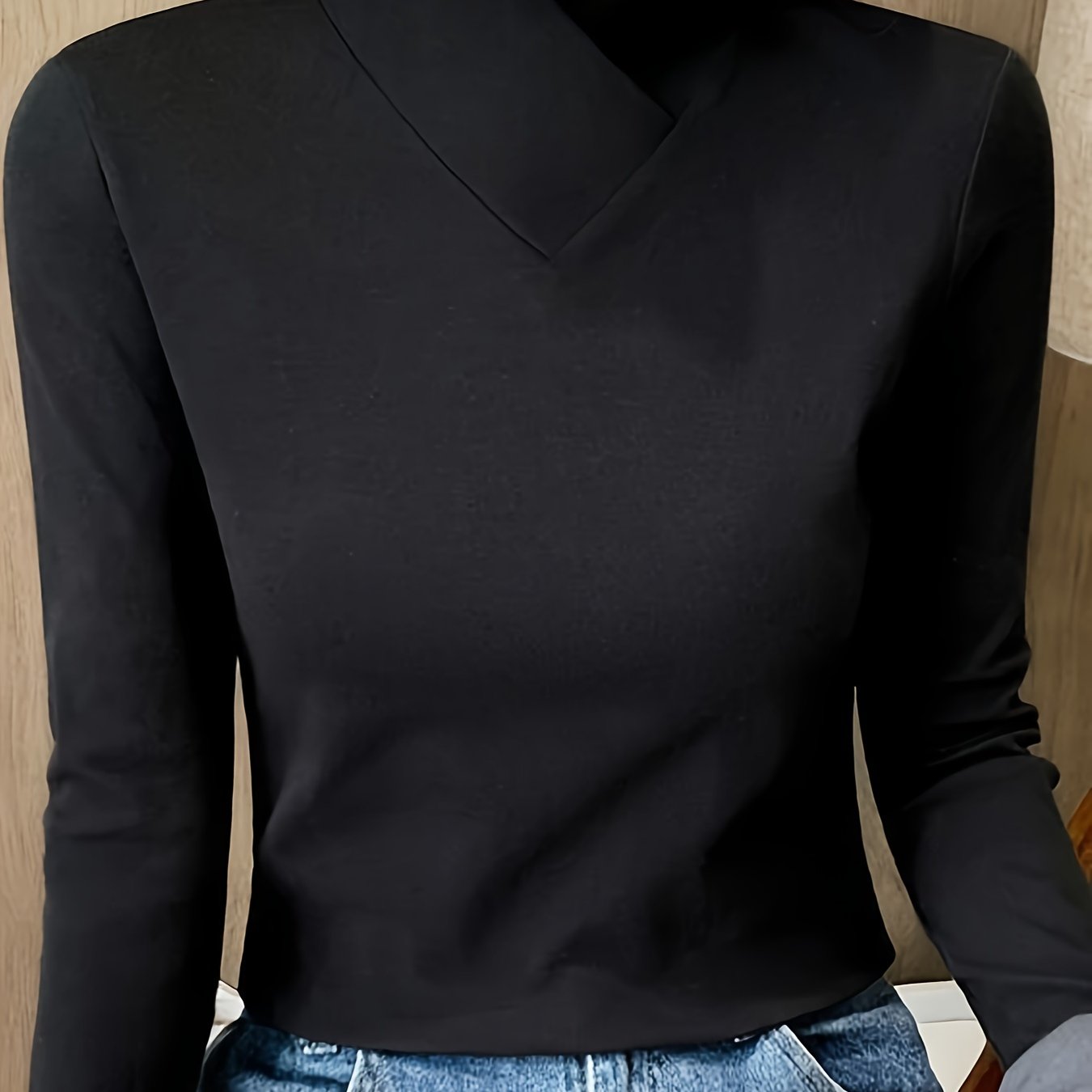 Solid Mock Neck T-Shirt, Casual Long Sleeve Top For Fall & Winter, Women's Clothing