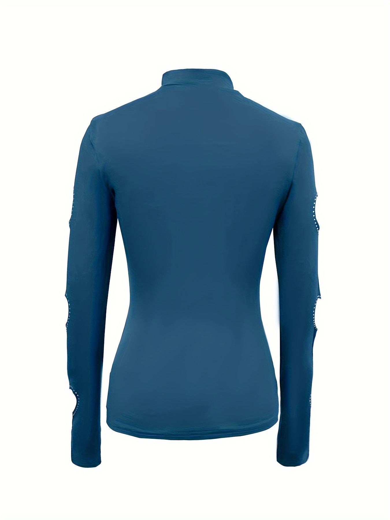 Cutout Rhinestone Mock Neck T-Shirt, Casual Long Sleeve Top For Spring & Fall, Women's Clothing