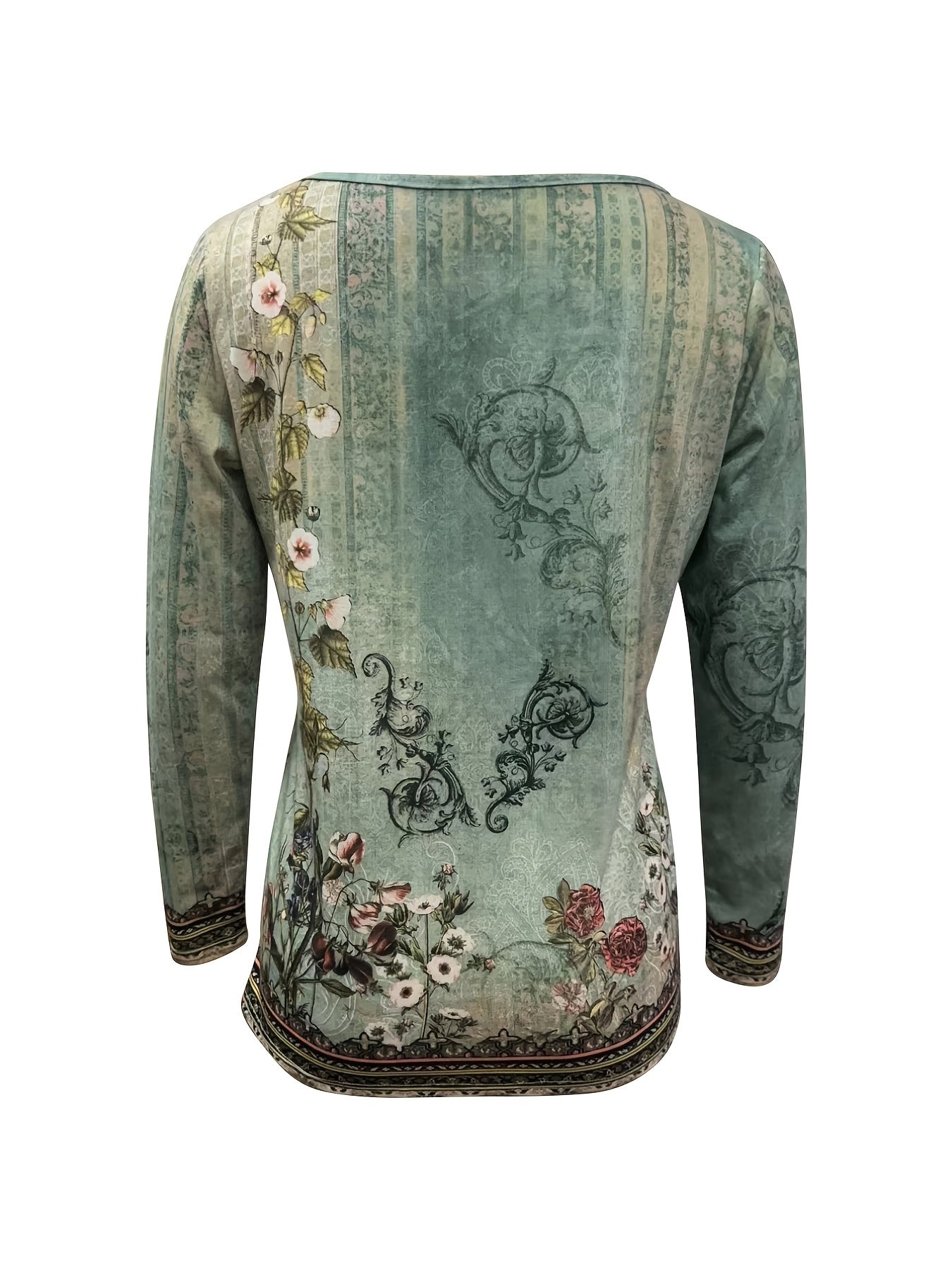 Floral Print Notch Neck T-Shirt, Casual Long Sleeve Top For Spring & Fall, Women's Clothing