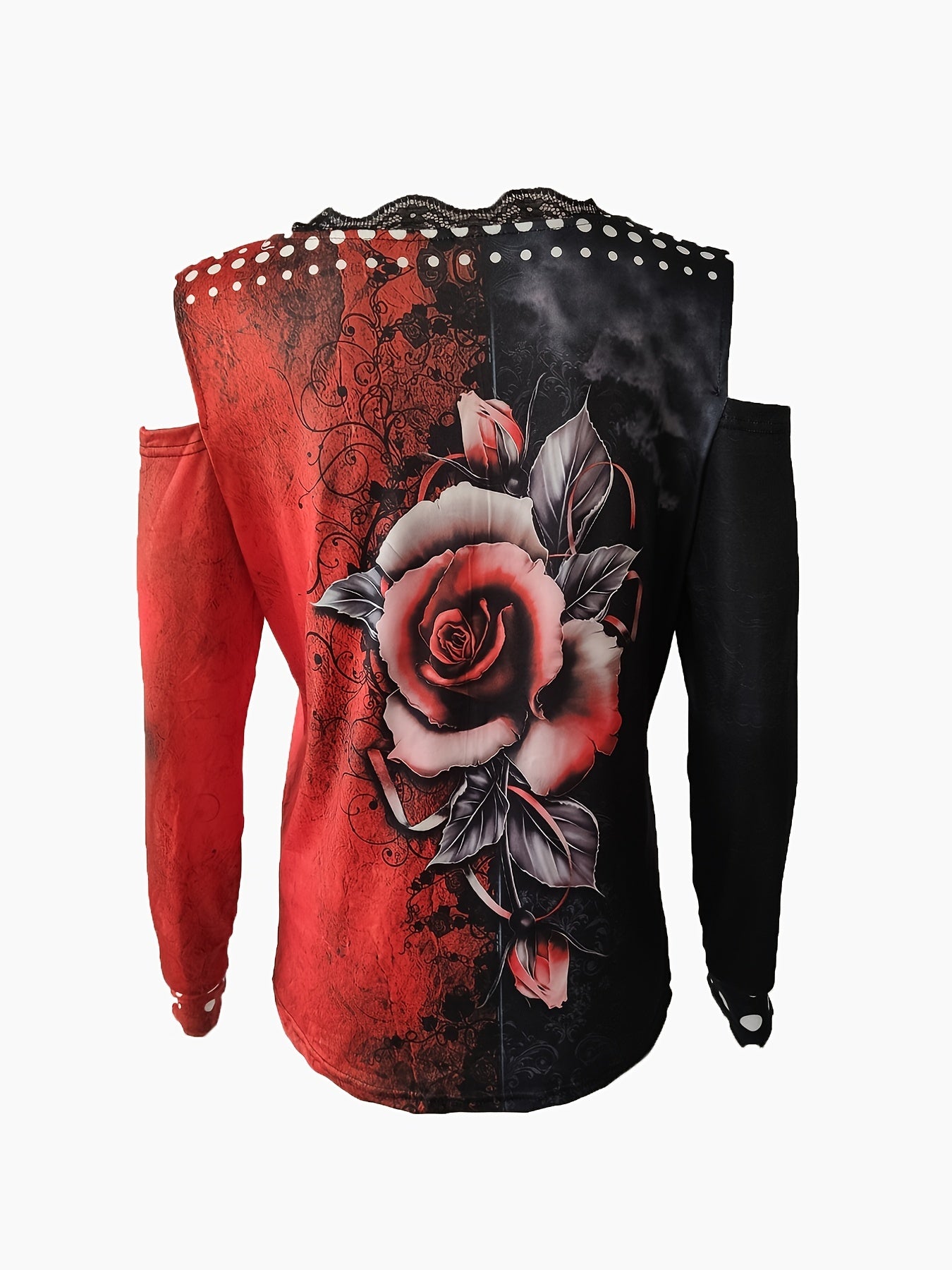 Floral Print Lace Decor V Neck T-shirt, Sexy  Off Shoulder Loose Long Sleeve T-Shirts Tops, Women's Clothing