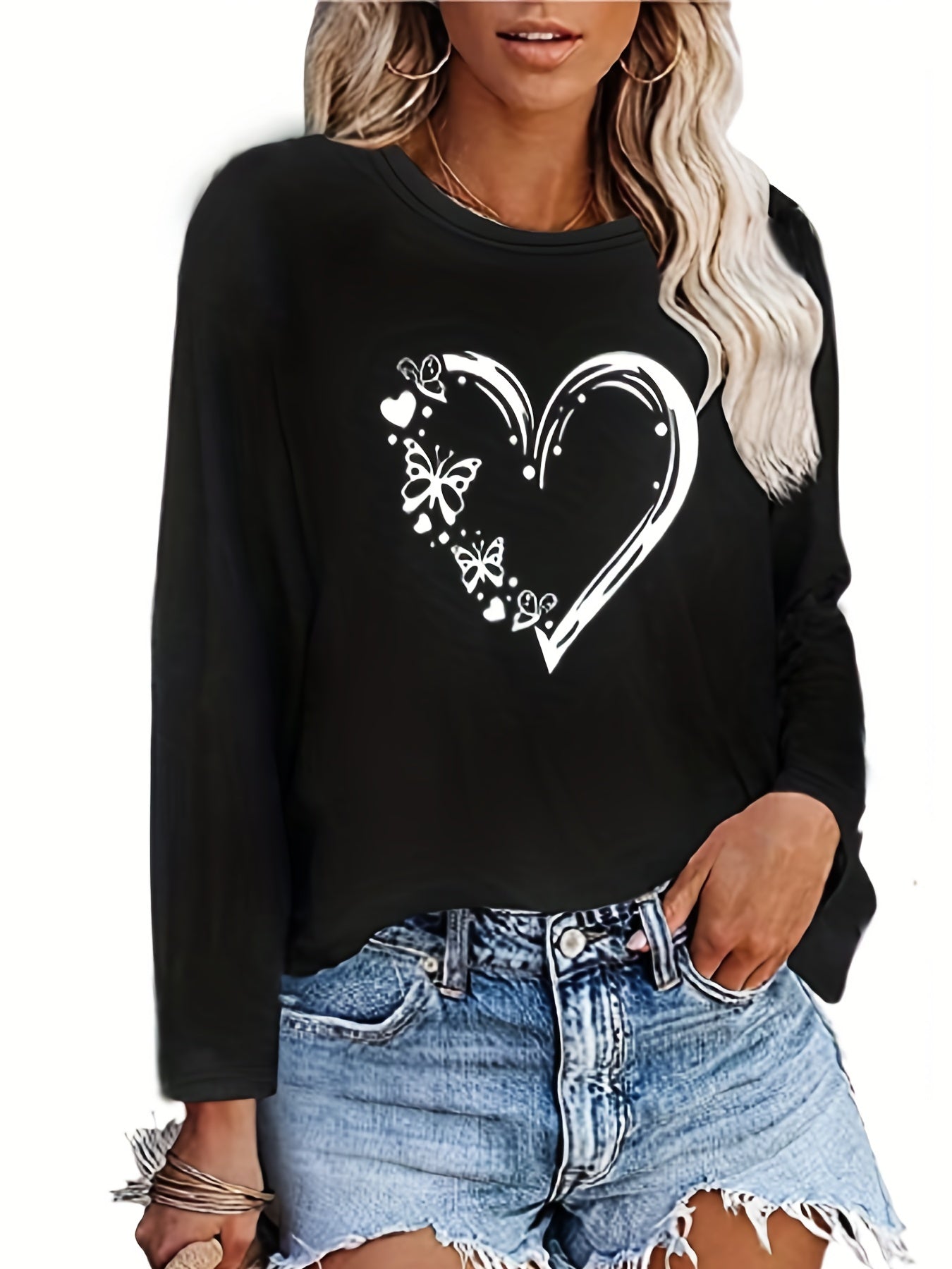 Heart & Butterfly Print Crew Neck T-Shirt, Casual Long Sleeve T-Shirt For Spring & Fall, Women's Clothing